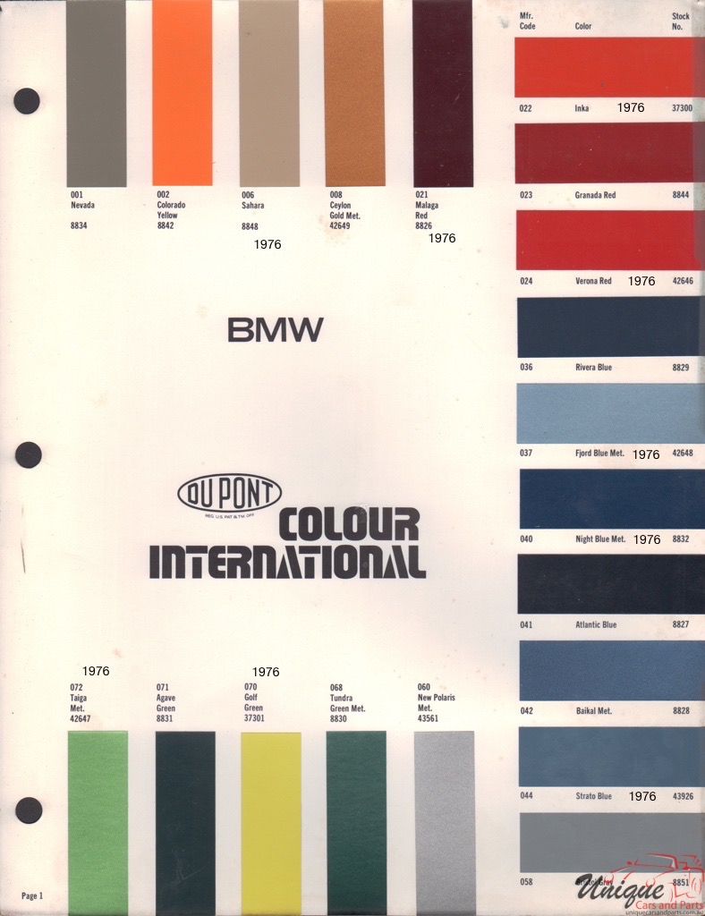 1976 BMW International Paint Charts DuPont 1